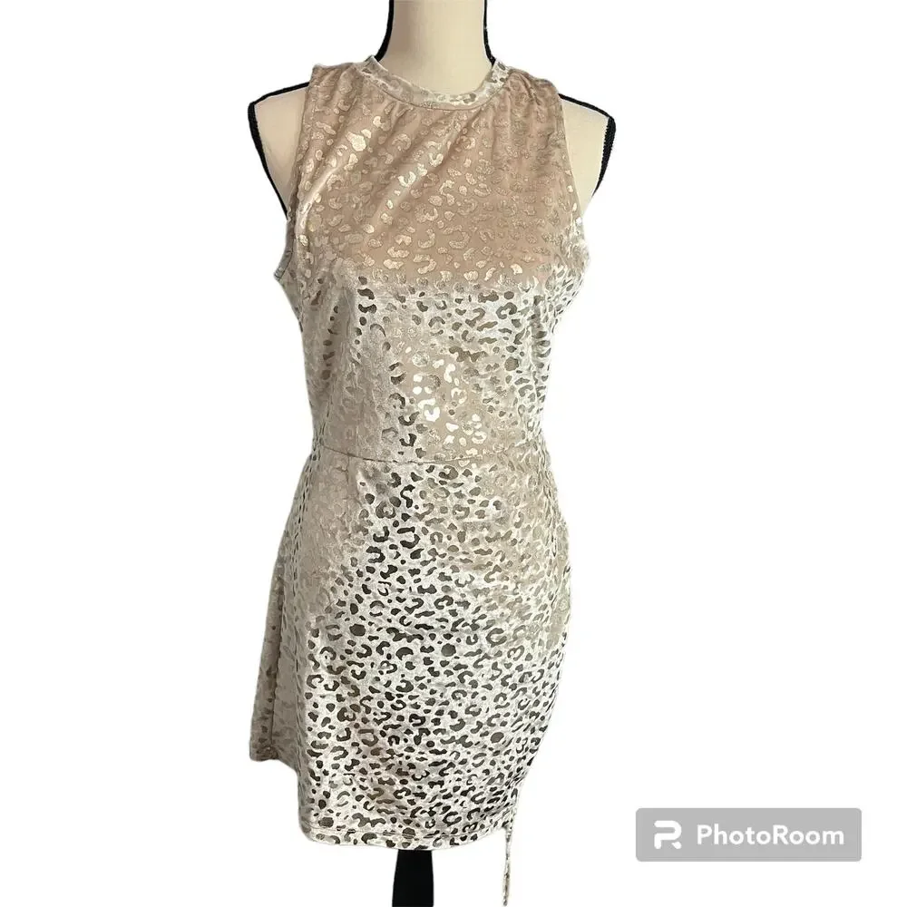 K TOO NEW Wmns Gold Velvet Metallic Cheetah Print Bodycon Dress Sz L Date Night
